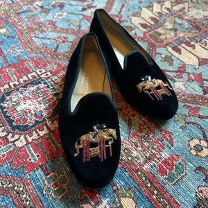 Stubbs & Wootton Black Velvet Equestrian Embroidered Slipper Loafers